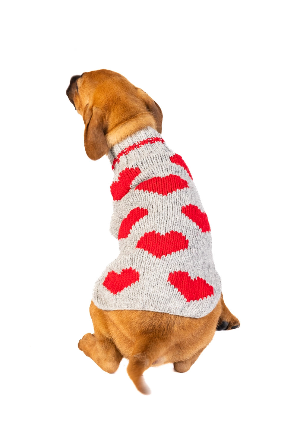 CHILLY DOG RED HEARTS – Handgestrickter Hundepullover aus reiner Wolle XS