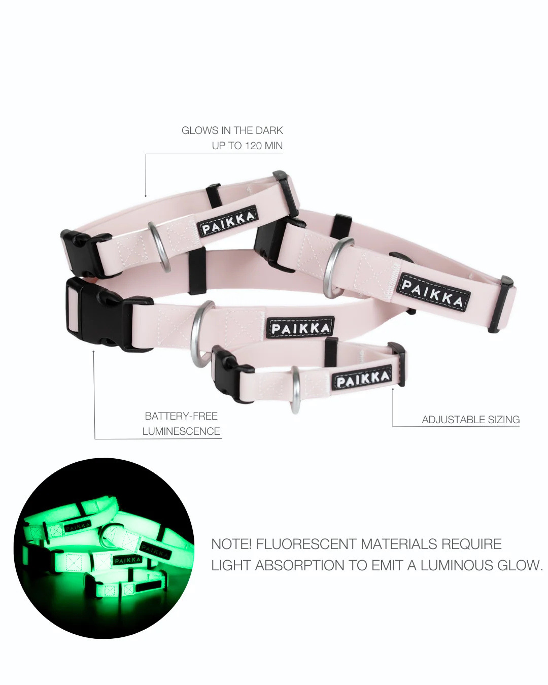 PAIKKA Glow Hundehalsband Rosa – nachleuchtend 1,5x23-30cm